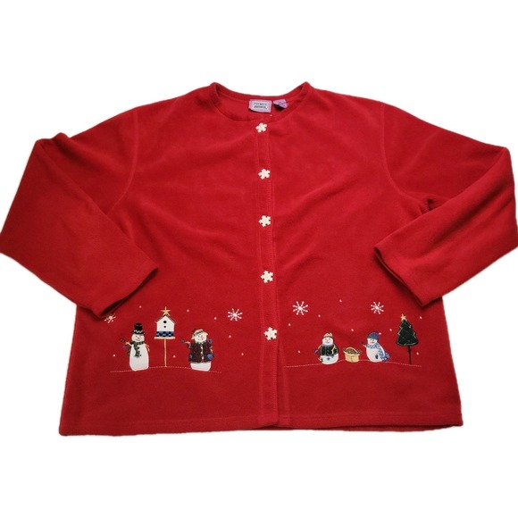 Premier International Sweaters - Premier International Red Fleece Cardigan Snowman Snowflake Buttons Women's 3XL